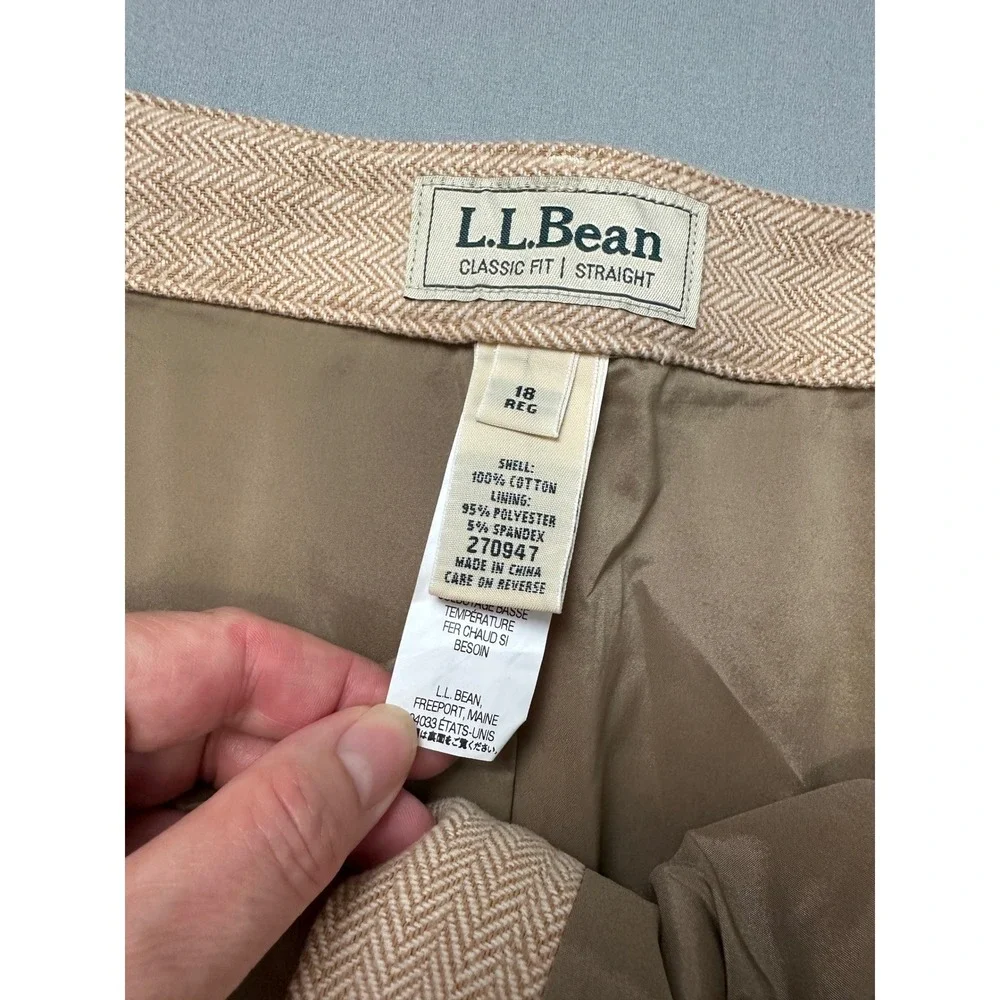 LL Bean Classic Fit Straight Skirt Tan Herringbone Cotton Midi 18 Reg 270947